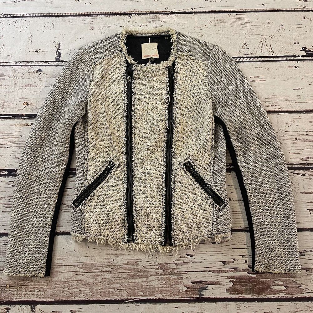 Rebecca‎ Taylor Ivory & Black Tweed peplum Jacket Size 4 Women's